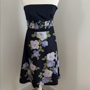 LOFT Navy Blue/Cream/Green Floral  Strapless Cotton Dress sz 2
